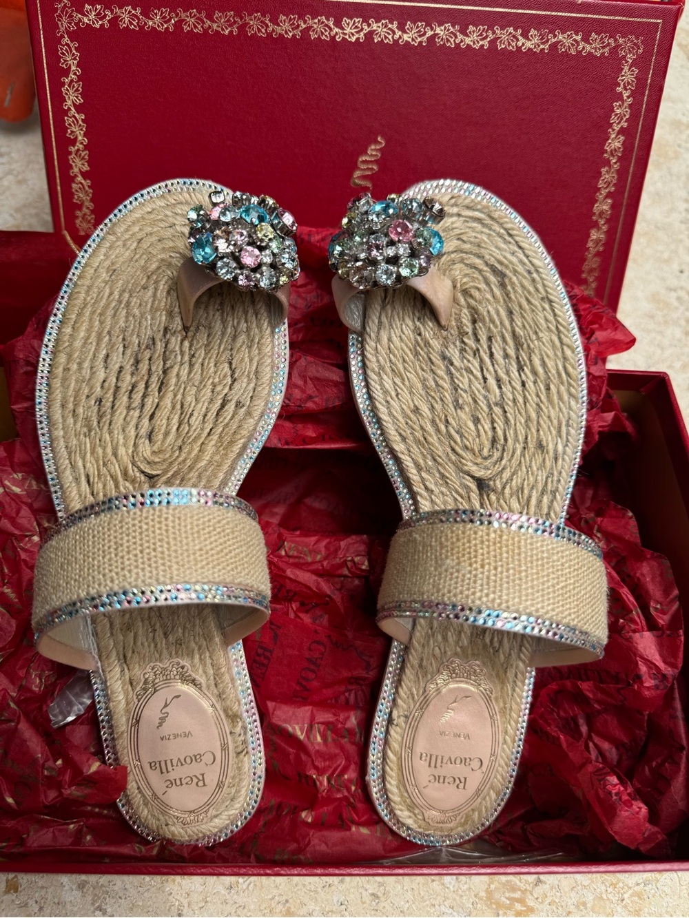 Rene Caovilla Toe Ring Crystal Sandals, Sz 7 1/2